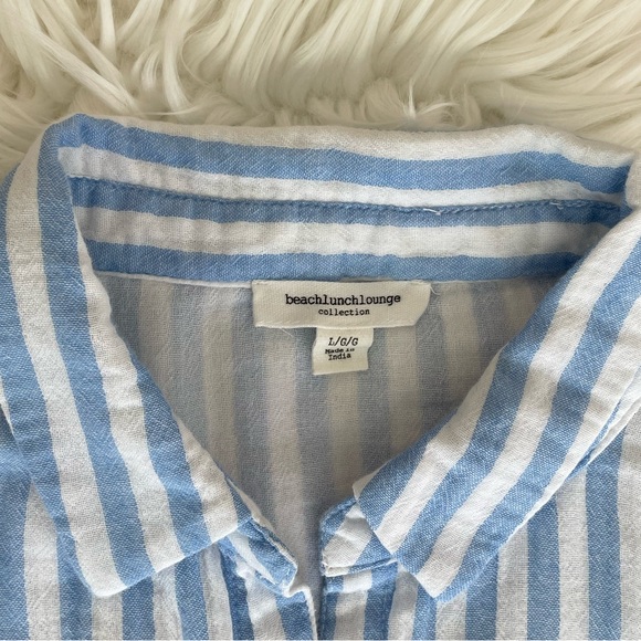 Beach Lunch Lounge Blue and White Striped Cotton Button Up Blouse Top Size Large - Picture 5 of 7